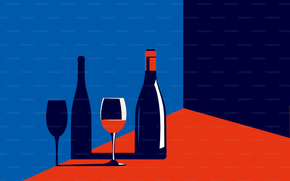 Vektorillustration einer Flasche Wein und eines Glases mit Rotwein daneben in trendigen Farben in einem minimalistischen Stil.
