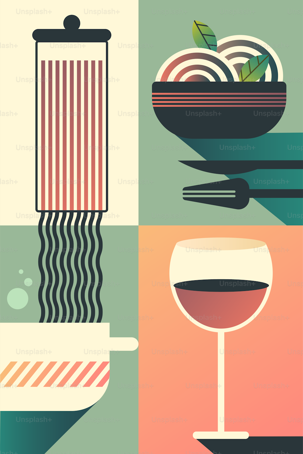 Illustration of pasta and wine, vector, flat