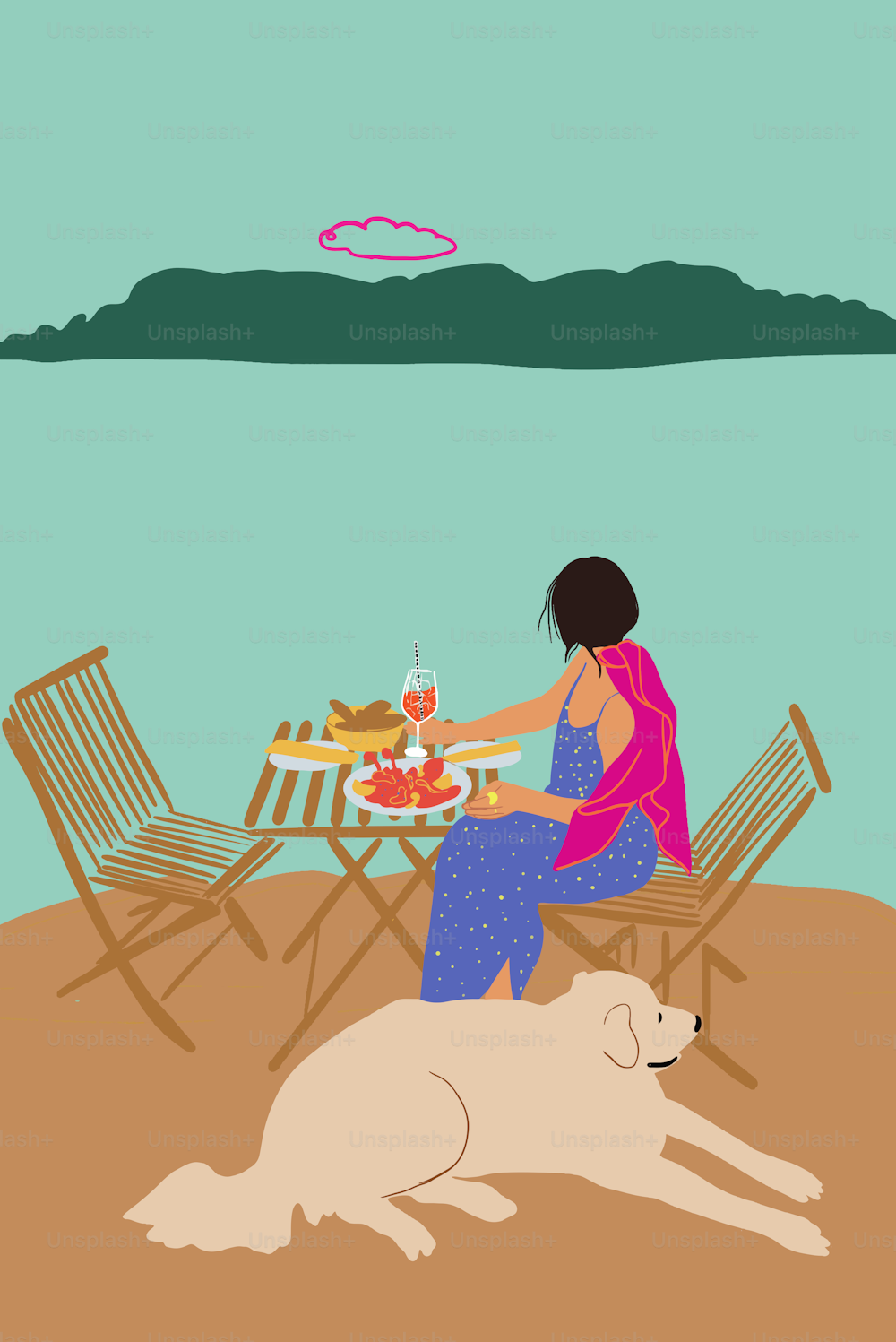 Woman enjoying beautiful seascape with island on background, sitting at the table with dog and having mediterranean lunch. Vector illustration