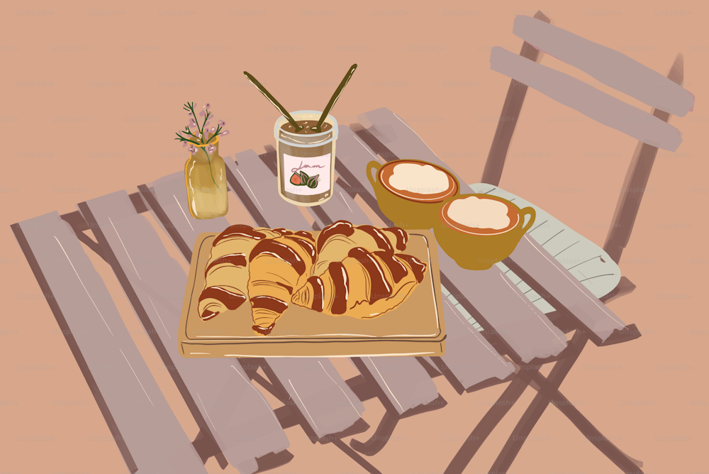 Croissants en el plato de madera con tazas de café y mermelada en la mesa del jardín. Estilo rústico francés. Pasa y disfruta del tiempo al aire libre bajo el sol. Ilustración vectorial