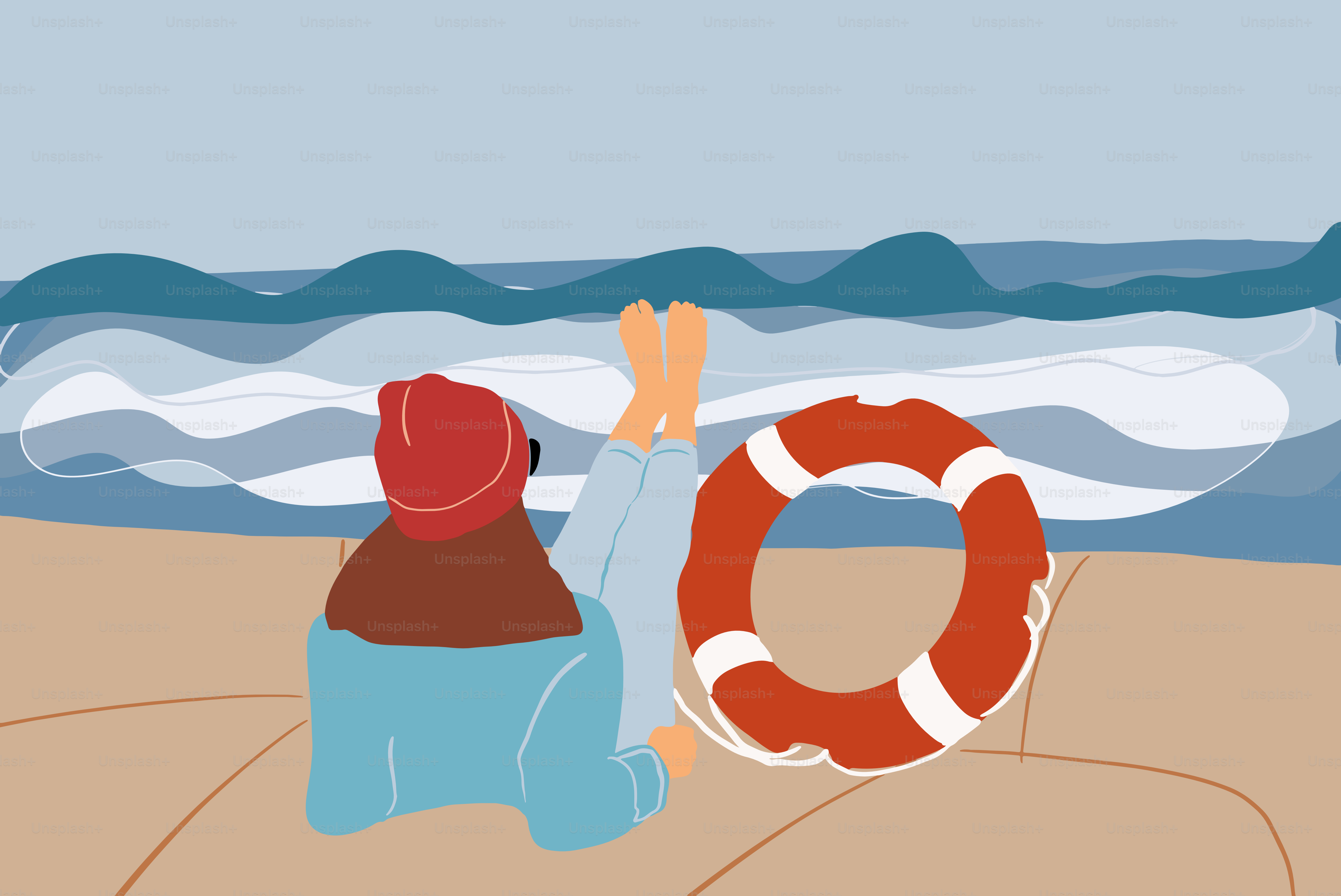 女性旅行者が船に乗って、美しい波打つ海の景色を楽しんでいます。旅行と気楽なライフスタイルのコンセプト。フラットカートゥーンスタイルのベクターイラストレーション