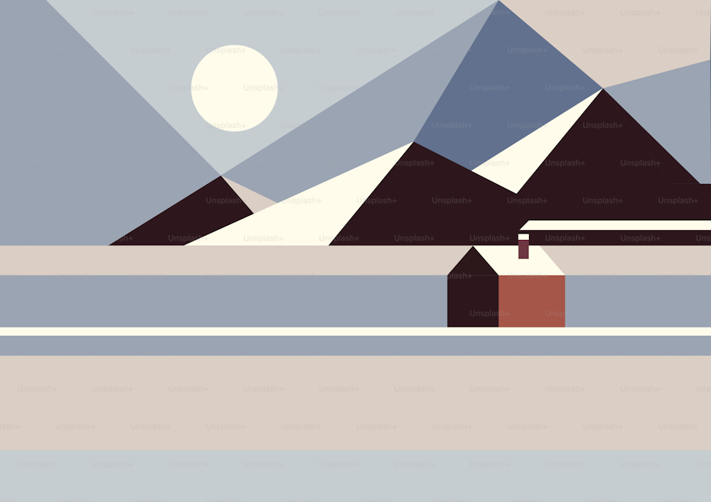 Vektorillustration eines Hauses auf einem Hintergrund von Bergen im Mosaikstil in Retro-Farben. Minimalistischer Stil. Winterlandschaft.