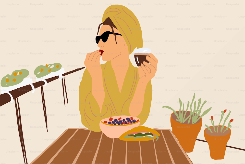 Vector illustration of a relaxed woman in bathrobe and towel enjoying food on the beautiful balcony with flowers