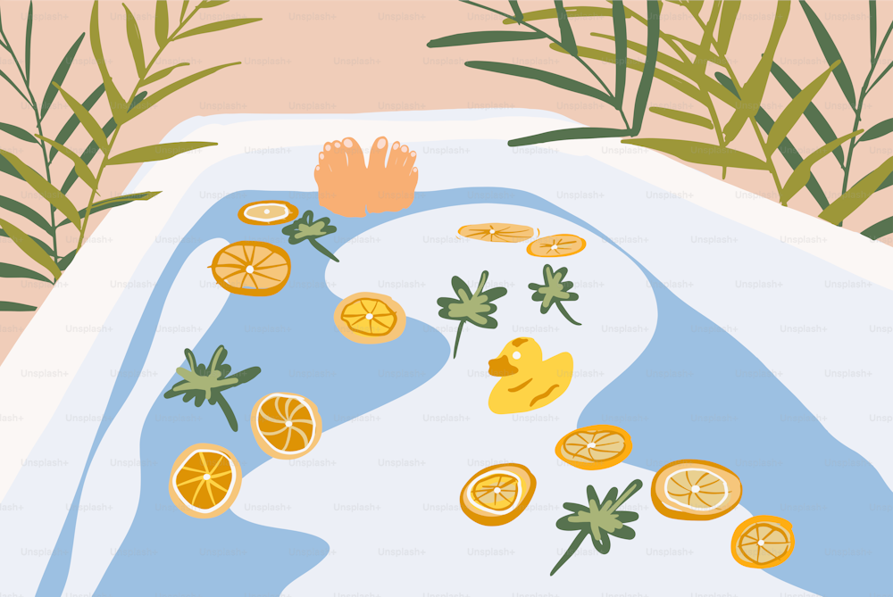 Woman taking a bath in the beautiful decorated bathtube with flowers, citrus and rubber duck. Vector illustration in flat style