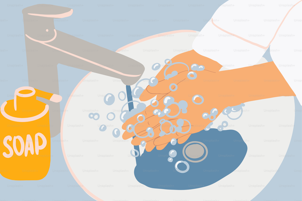 Donna che si lava le mani con un sapone in bagno, primo piano. Illustrazione vettoriale in stile cartone animato piatto