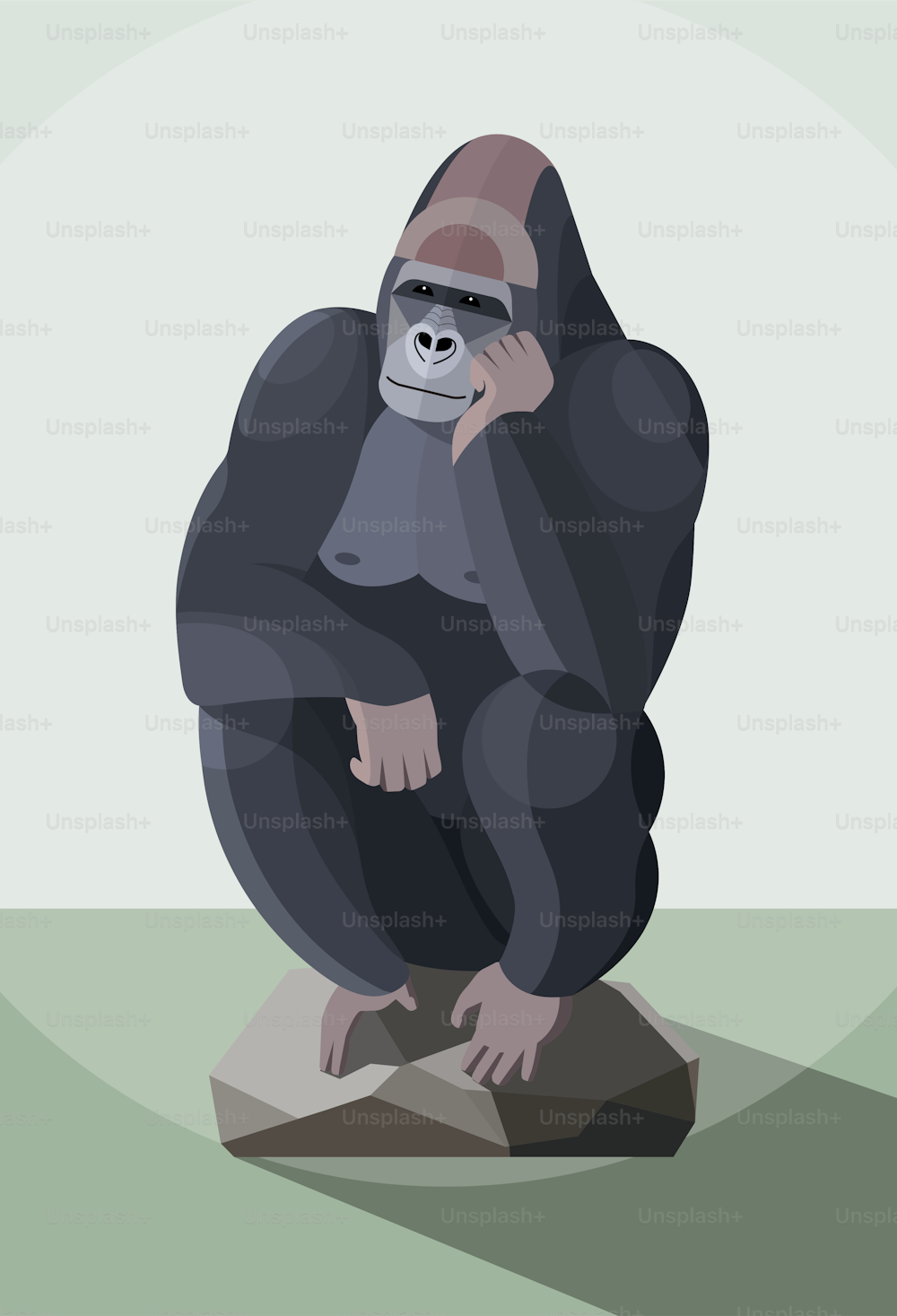 Brooding gorilla sits on a stone with his head on his hand, stylized image