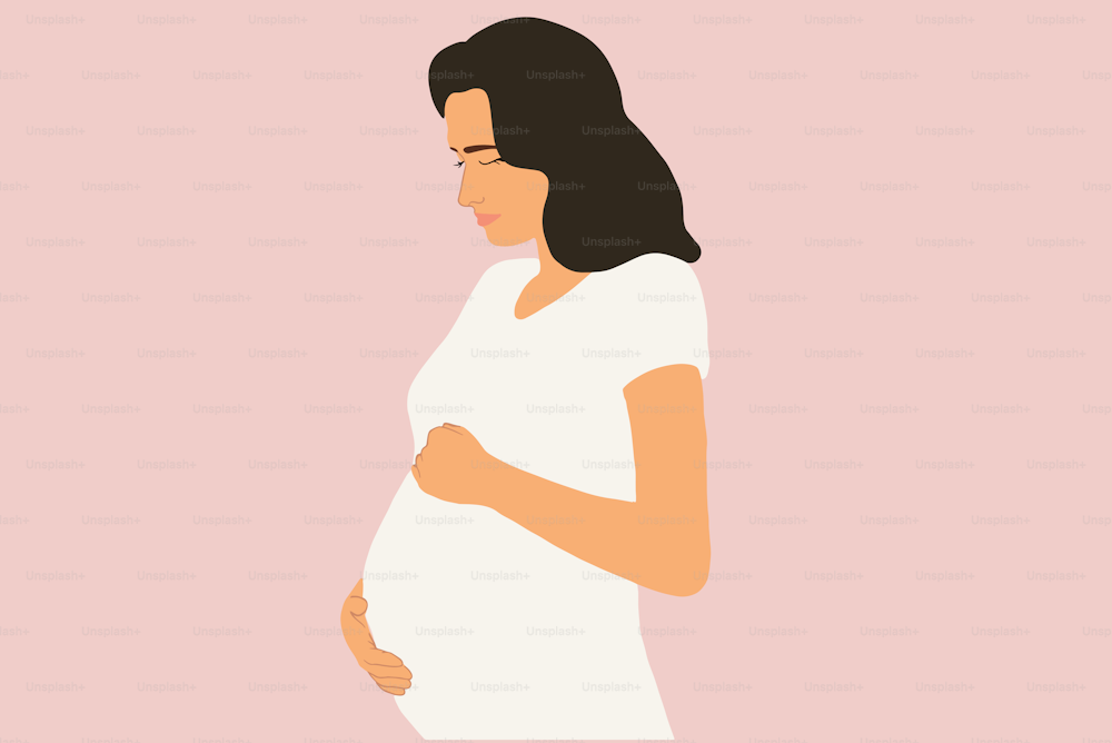 Vector illustration of a pregnant woman, touching her belly. Drawing in flat style on the color background