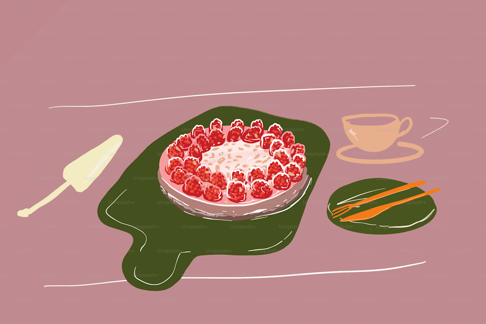 A composition on table with cheesecake made with raspberry, plate and cup. Vector illustration in pastel tones