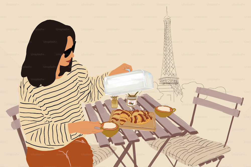 Woman in stripped sweater sitting at a table and having a breakfast with Eiffel tower on background. Eating croissant with coffee. French style. Spend time outdoors in the sun. Vector illustration