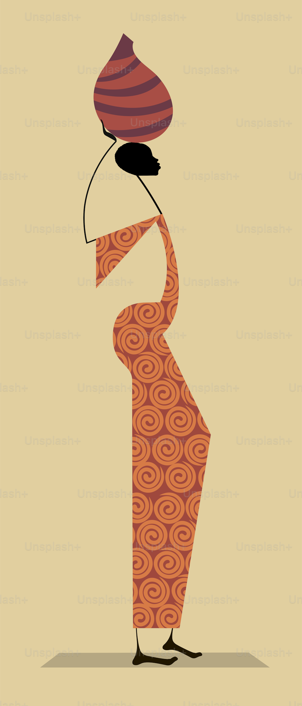 Image stylisée d’une femme africaine dans une robe traditionnellement lumineuse avec une cruche