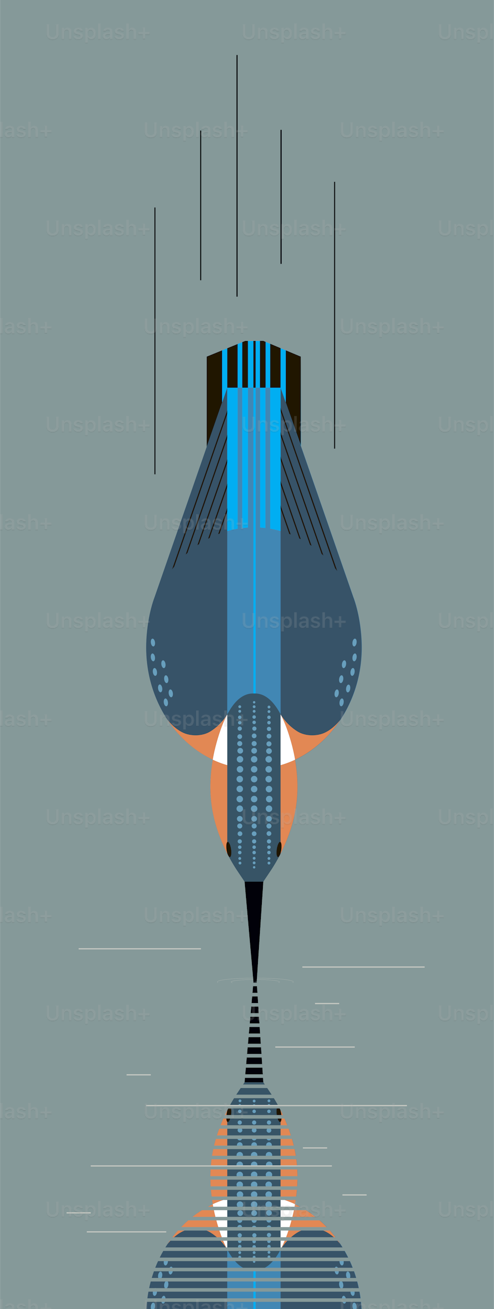 Kingfisher는 먹이, 최소한의 기하학적 스타일을 위해 다이빙합니다.