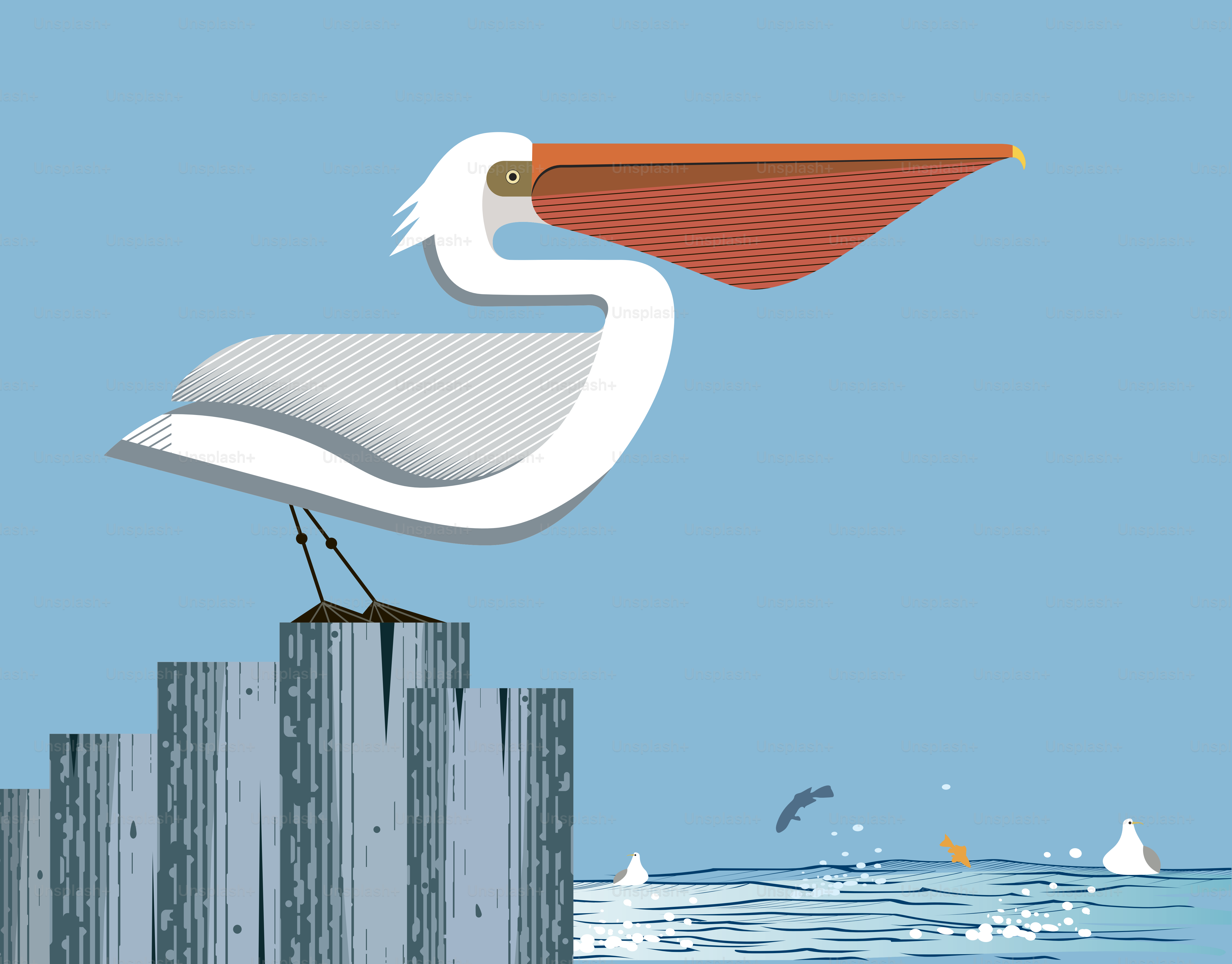 Majestic pelican stands on a column on the sea and sky background, vector