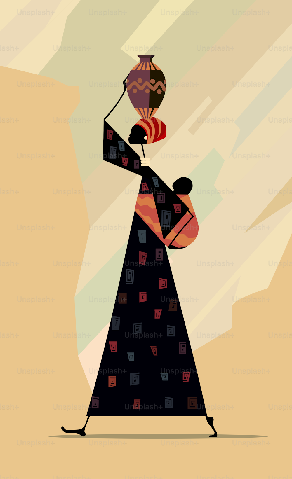 Stylized image of an African woman with a child, carrying a jug on her head