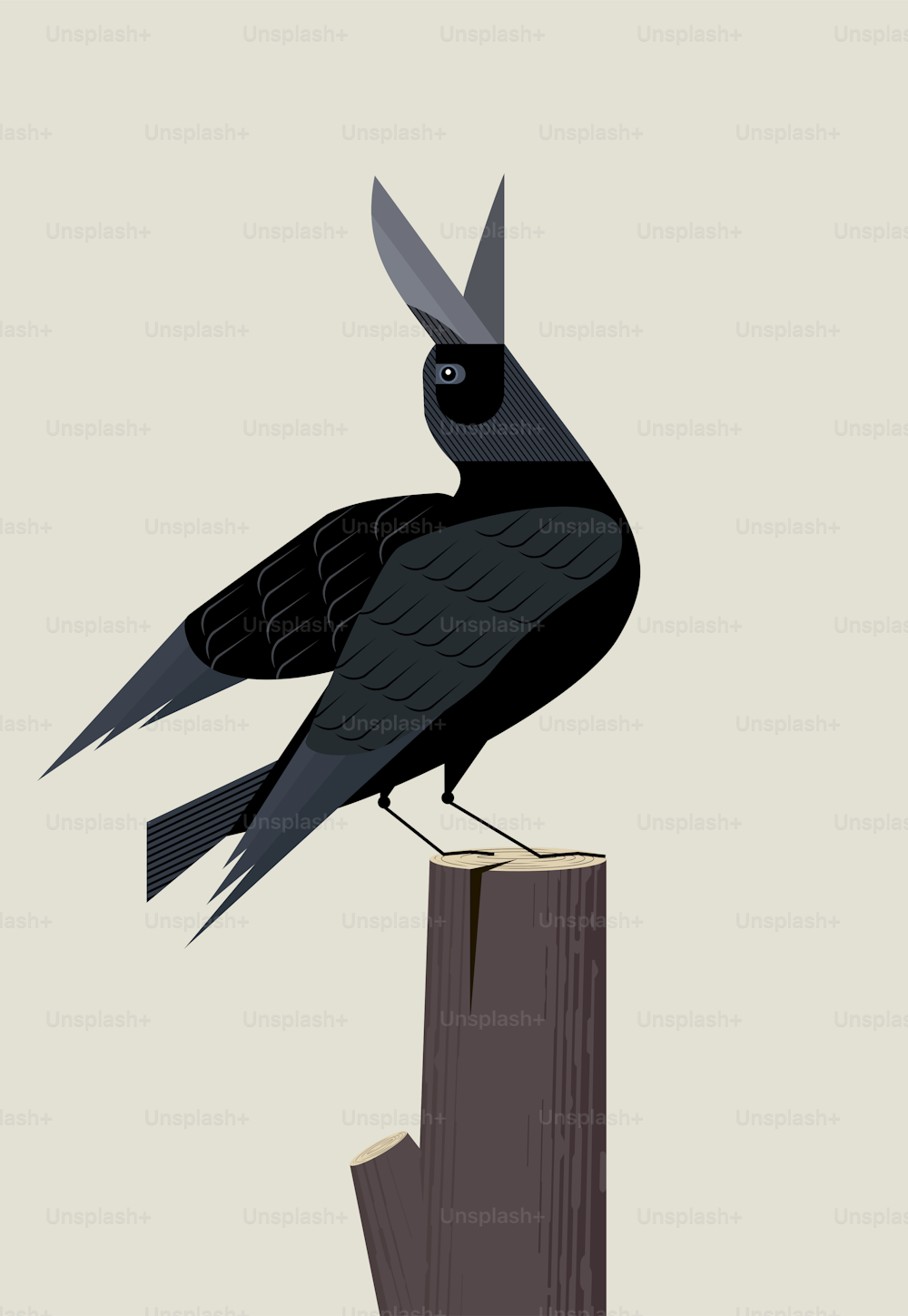 Black crow sits on a tree stump and sings inspired, minimalist image