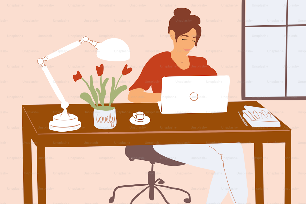 Woman working on a laptop at cozy office working place. Concept of remote work from home. Colorful vector illustration in flat cartoon style