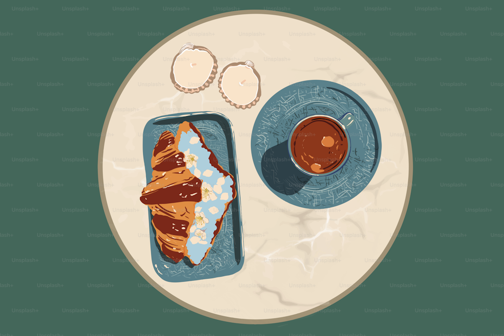 Petit-déjeuner esthétique à la française. Croissant au fromage bleu et fleurs sur assiette et café sur table en marbre. Illustration vectorielle.