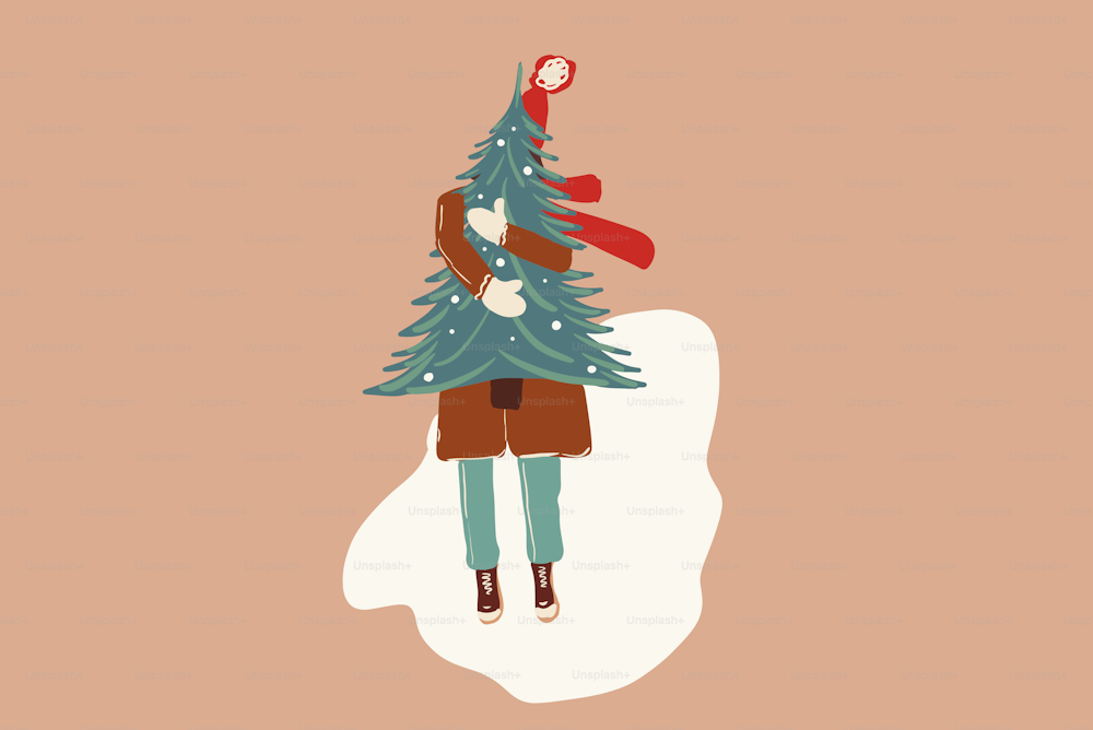 Christmas festive illustration of a woman with a New Year tree outdoors