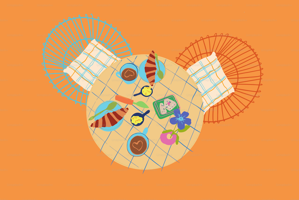 Top view on chairs and round table covered with checkered tablecloth and served with a breakfast. Croissants and coffee. Vector illustration