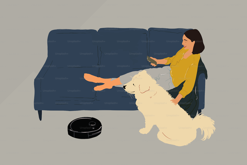 Black robotic vacuumer is cleaning the floor while pretty woman sitting on the blue sofa with a white dog at home. Lifestyle and smart technology concept. Vector illustration