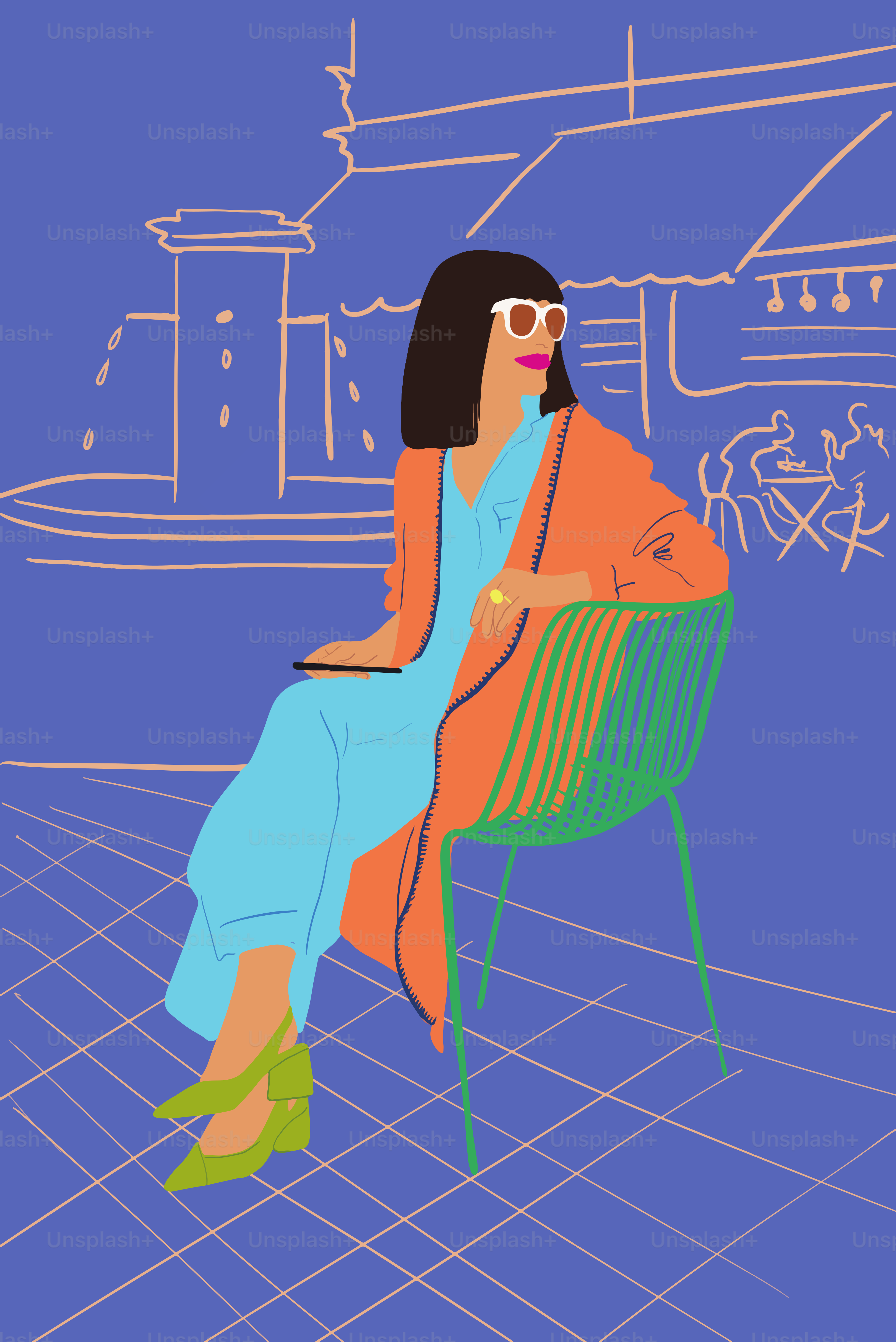 Stylish woman sits on chair and relax outdoors, city on background. Vector illustration. Concept of fashion and lifestyle