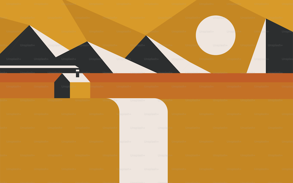 Vector illustration of a house next to a waterfall on a background of mountains. In autumn. Minimal style.