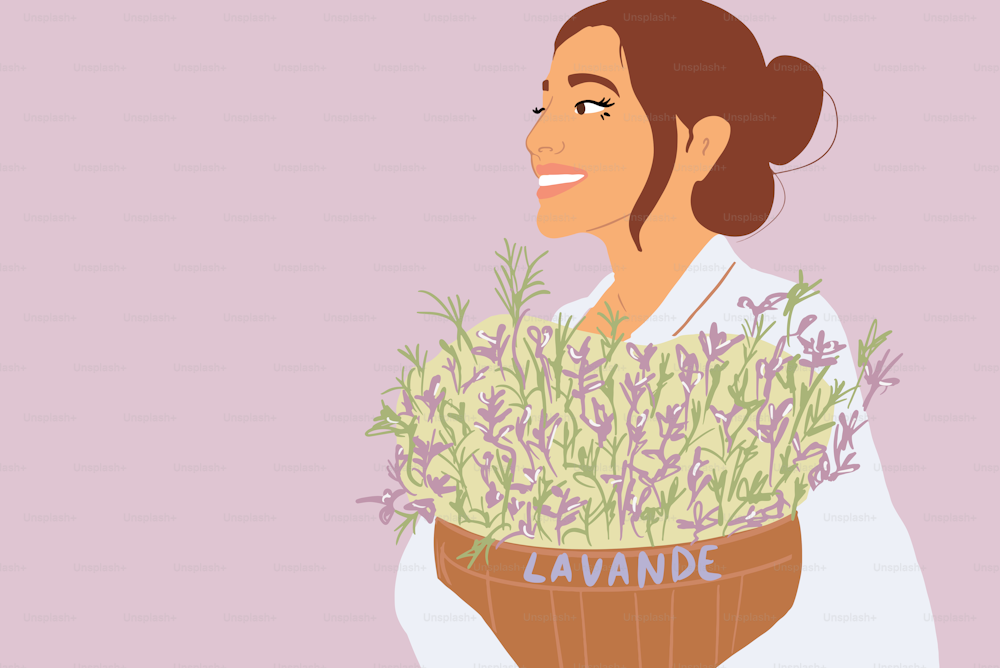 Portrait of a young woman a basket full of lavender flowers on the pink background. Colorful vector illustration in flat cartoon style
