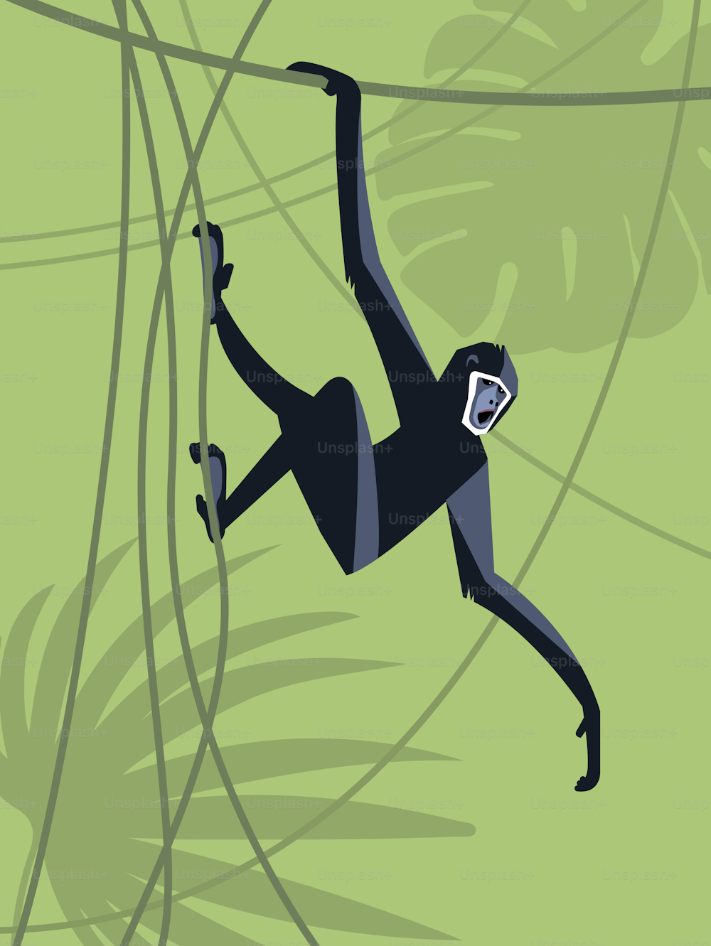 Ein Affe hängt an einer Liane und schreit wütend vor dem Hintergrund eines grünen Dschungels, stilisiertes Bild, Vektorillustration