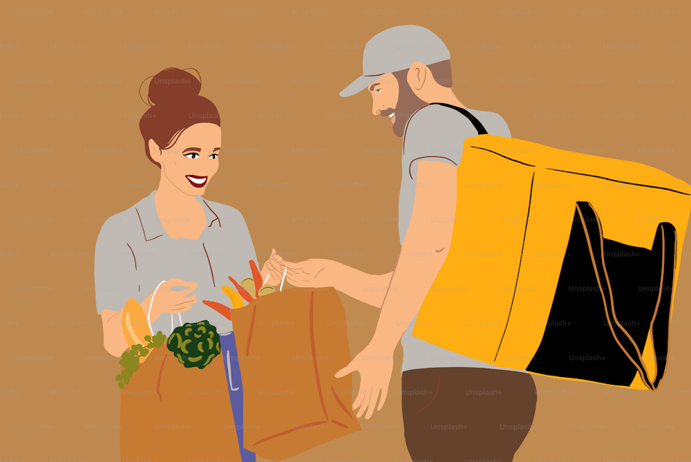 Corriere che consegna generi alimentari freschi in sacchetti di carta a una giovane donna. Illustrazione vettoriale colorata in stile cartone animato piatto