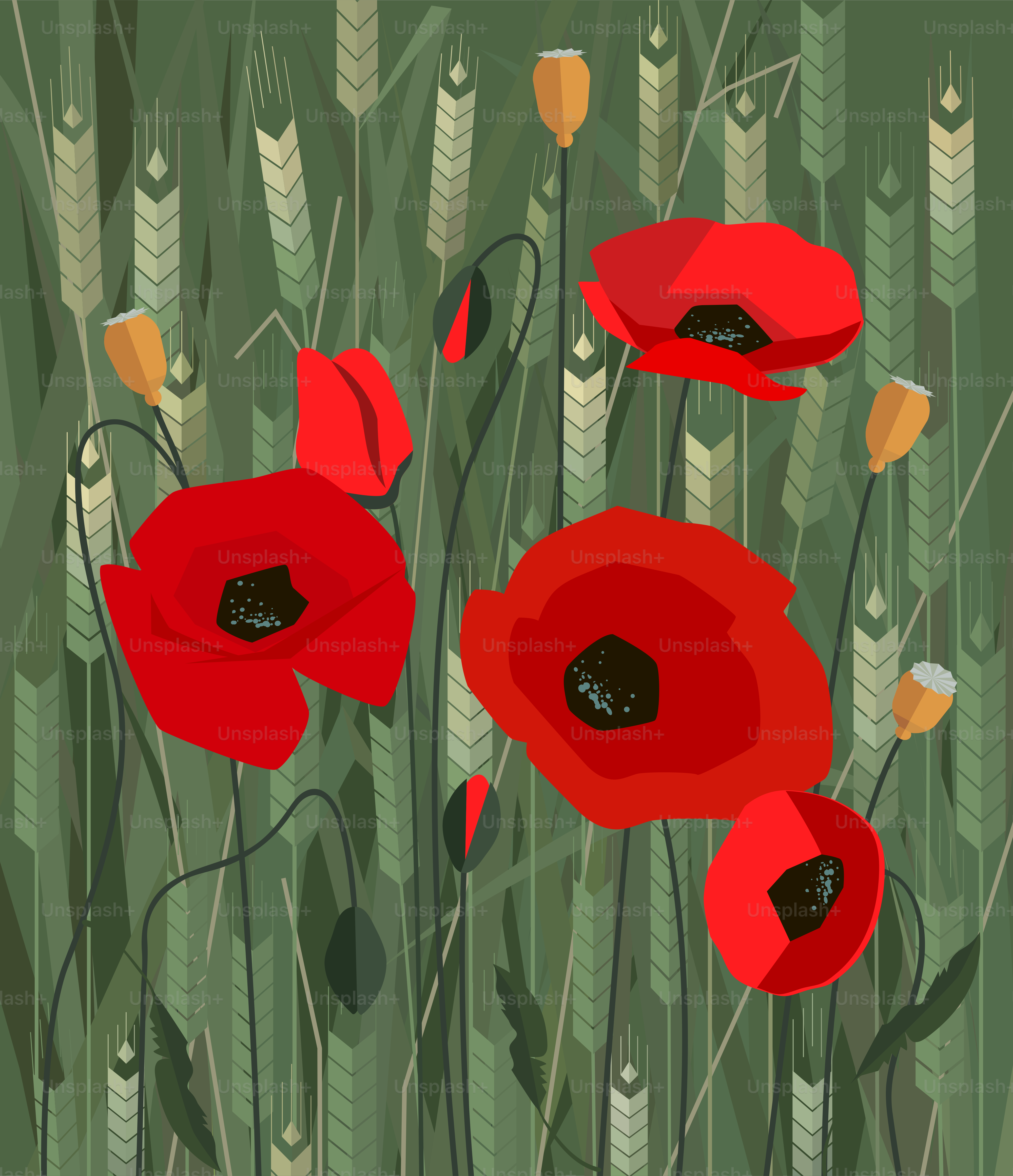 Des pavots brillants sur le fond du blé en pleine maturité