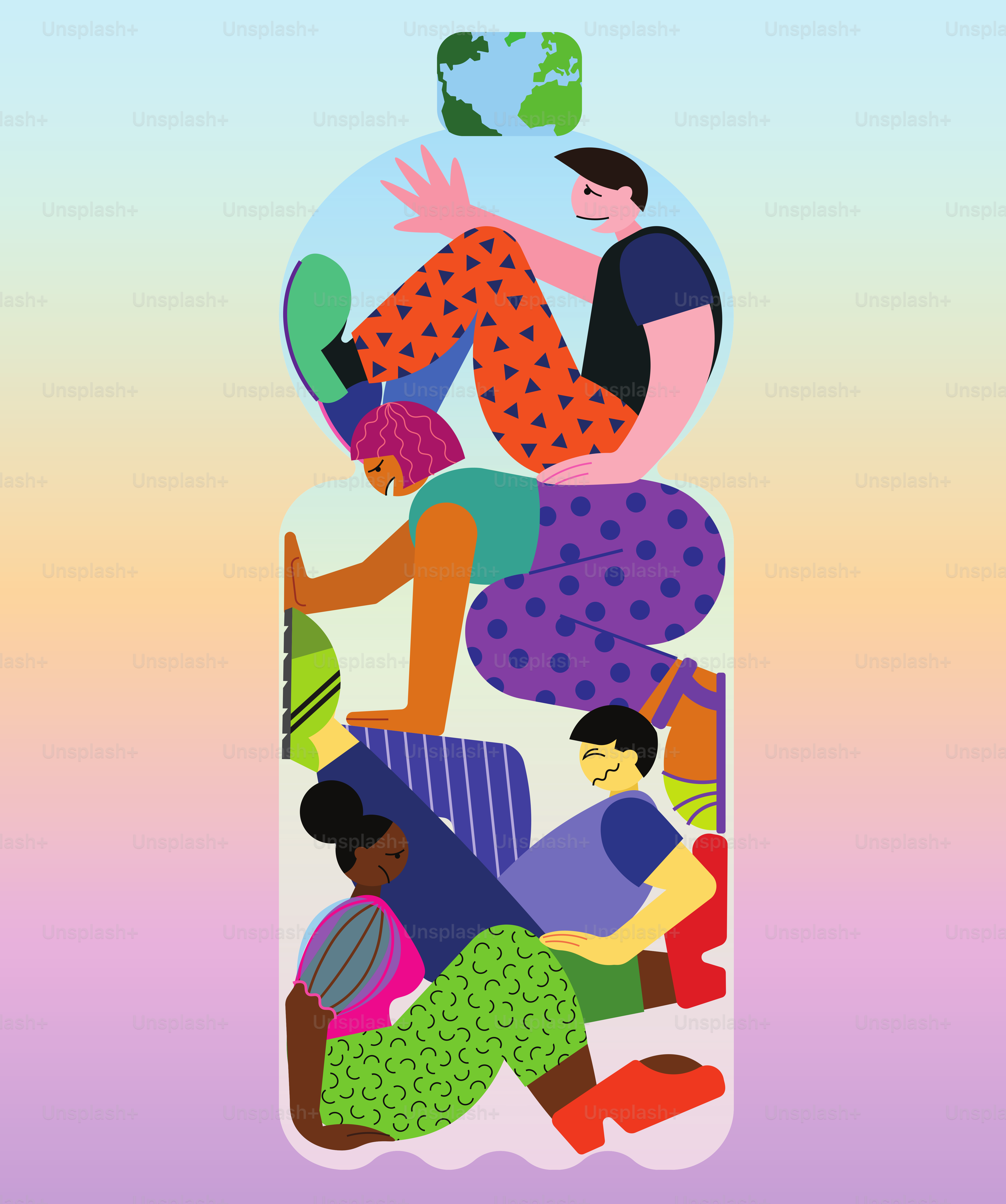 Vector illustration of human trapped in a plastic bottle. Recycling concept, conscious consumerism, care and protection of the environment, Care for Earth concept, awareness of plastic pollution.