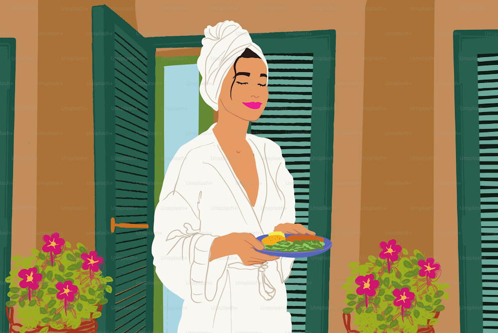 Hermosa mujer en bata de baño y toalla en la cabeza camina con un desayuno frente al hotel o casa. Ilustración vectorial