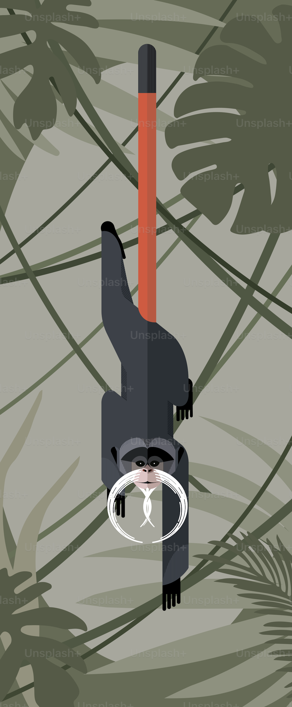 Monkey emperor tamarin on a green jungle background, stylized image, vector illustration