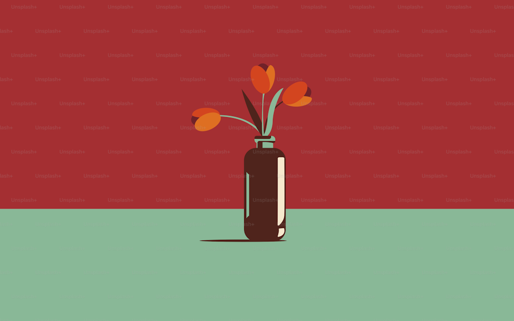 Jarrón con flores tulipanes sobre la mesa de estilo minimalista.