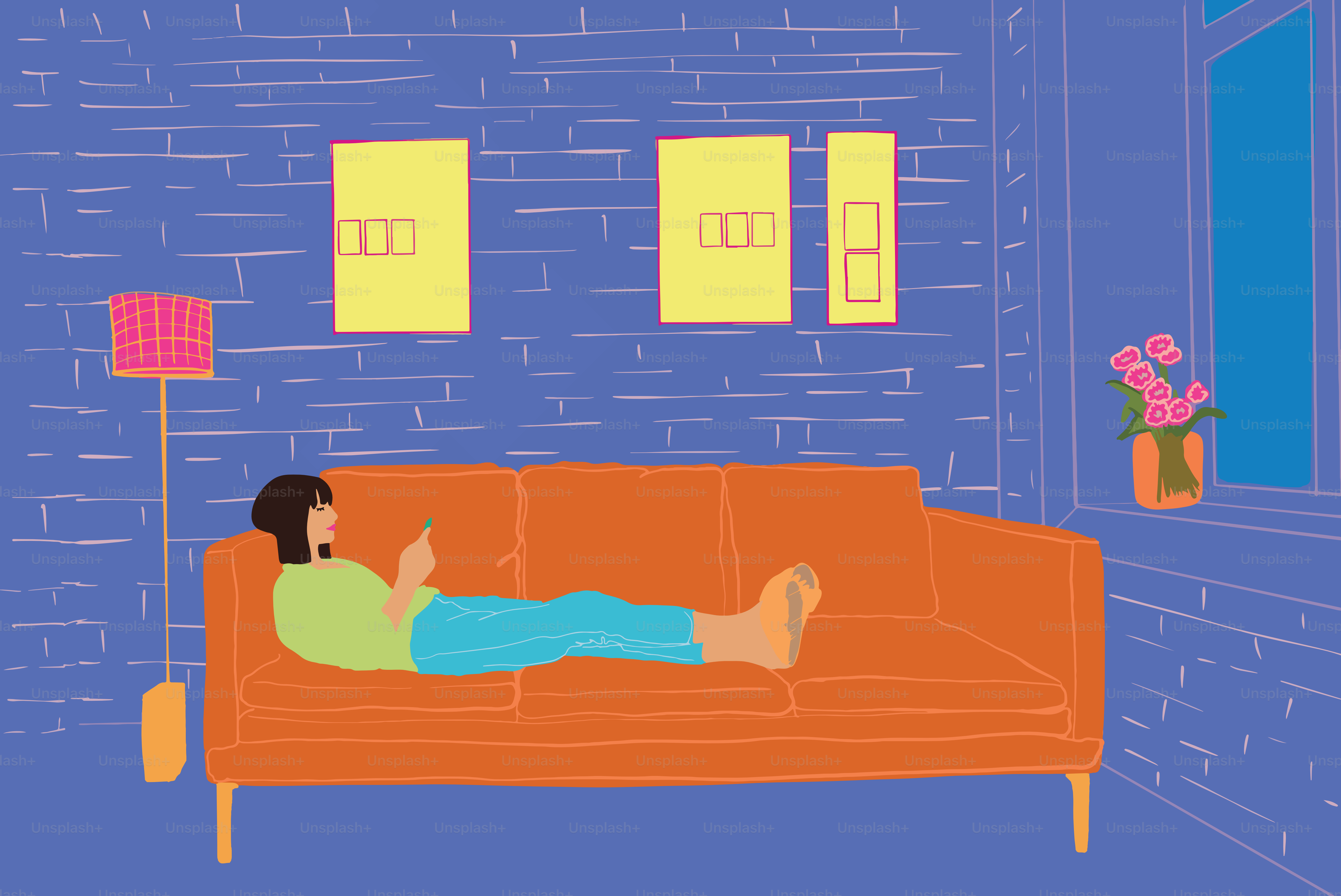 Wanita menggunakan telepon sambil bersantai di sofa di rumah. Ilustrasi vektor
