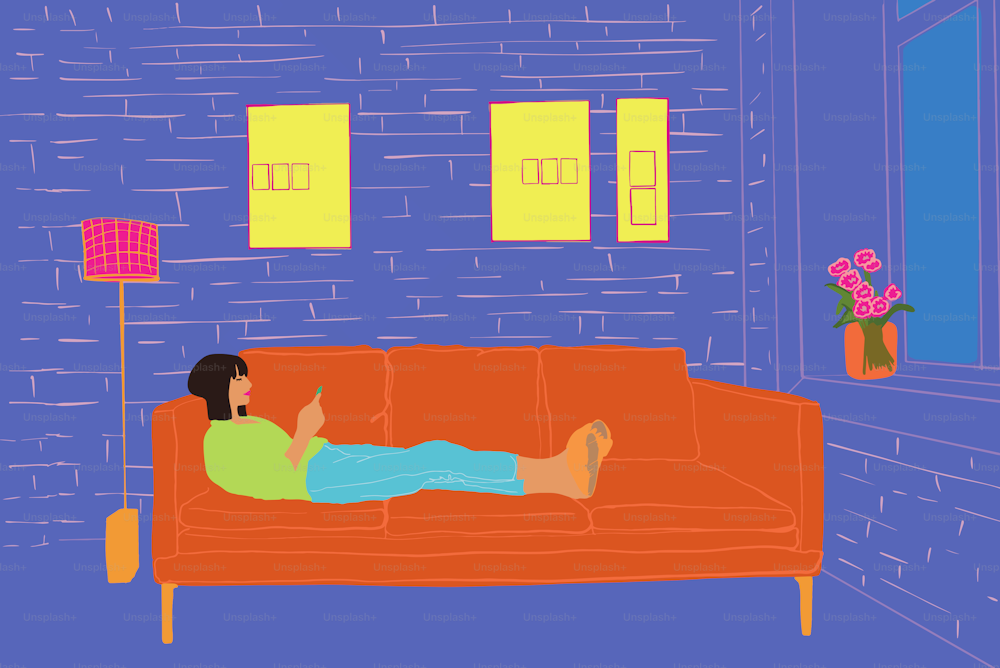 Woman using phone while relaxing on a couch at home. Vector illustration