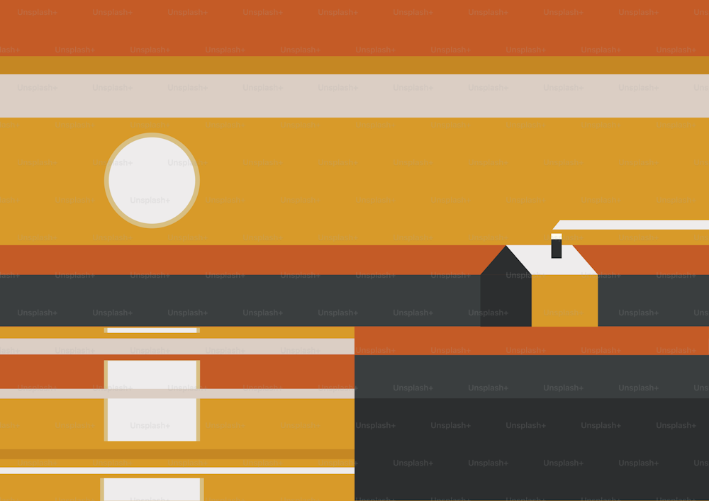 Ilustración vectorial de una casa en la orilla sobre un fondo de puesta de sol en colores retro. Estilo minimalista.