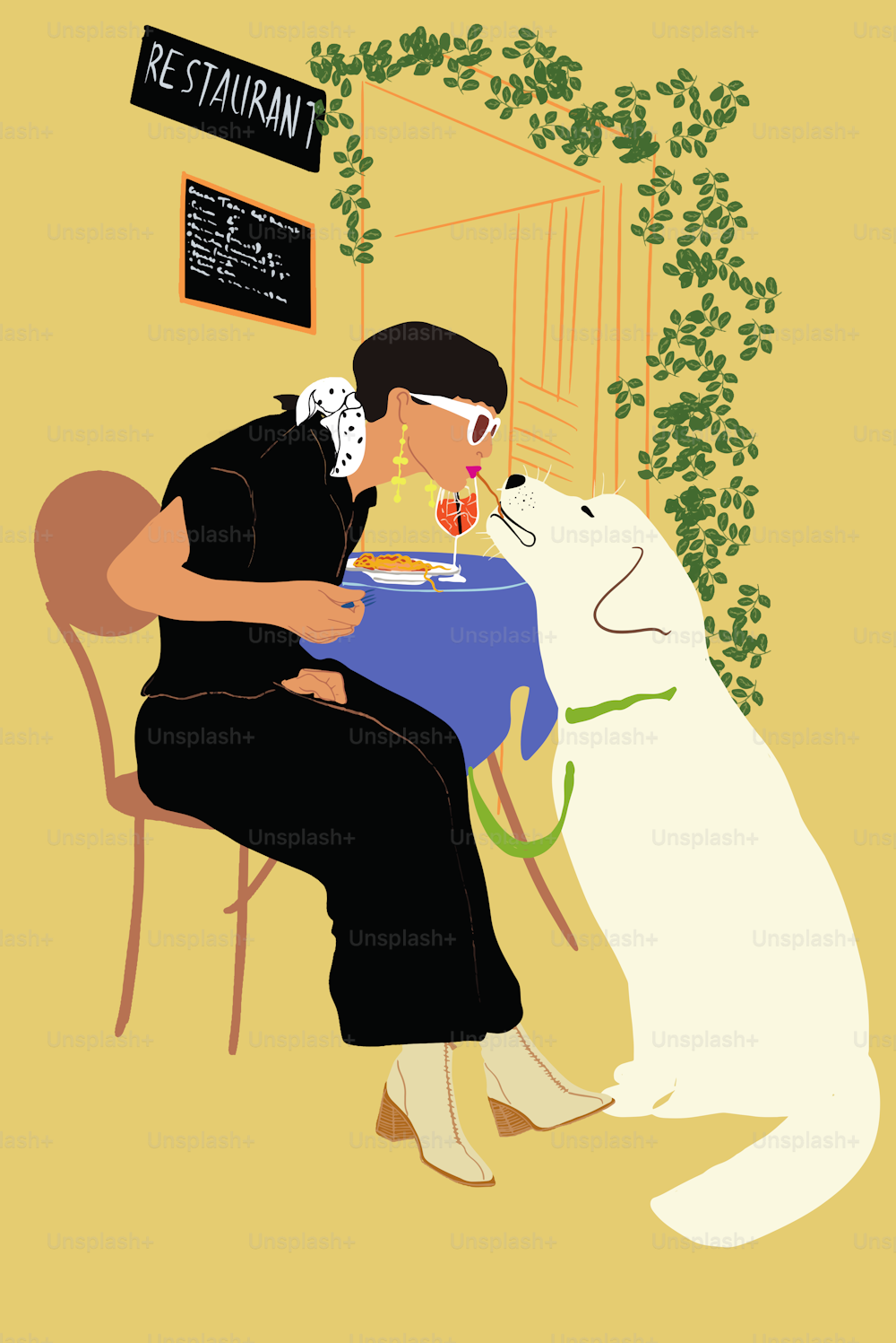 Hübsche Frau, die Spaghetti mit ihrem entzückenden Hund isst und Nudeln im Restaurant im Freien zusammenzieht. Vektor-Illustration