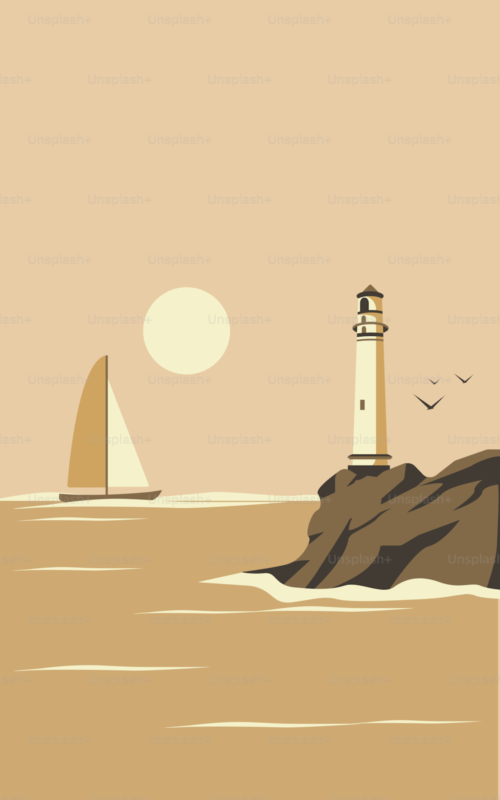 Beautiful sea view of the lighthouse and the yacht or sea vessel in retro monochrome style.
