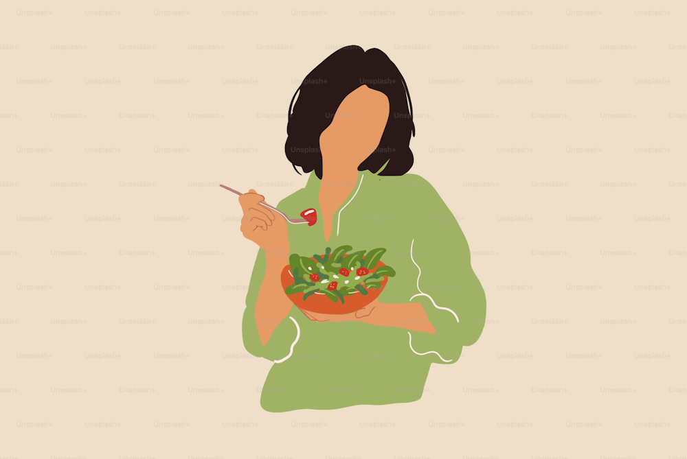 Woman eating healthy green salad with tomato. Health care and wellness concept. Vector illustration