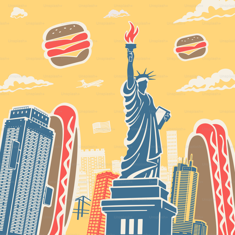 アメリカのシンボル建築と食べ物のベクター画像の背景