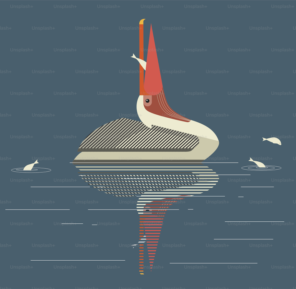 Il pellicano cattura i pesci nel lago, illustrazione minimalista
