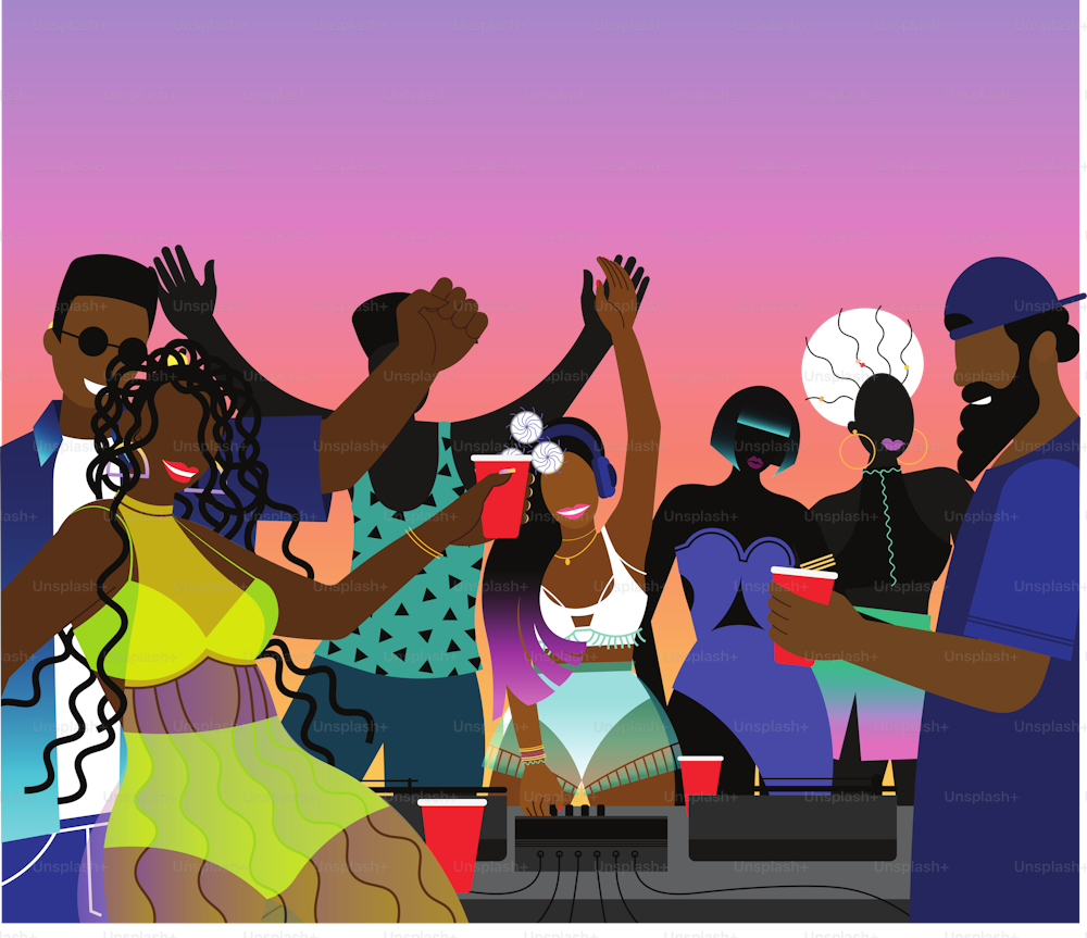 Vector illustration of people dancing in the open while female DJ playing music. Summer time, early evening, backyard party, block party, African-American ethnicity.
