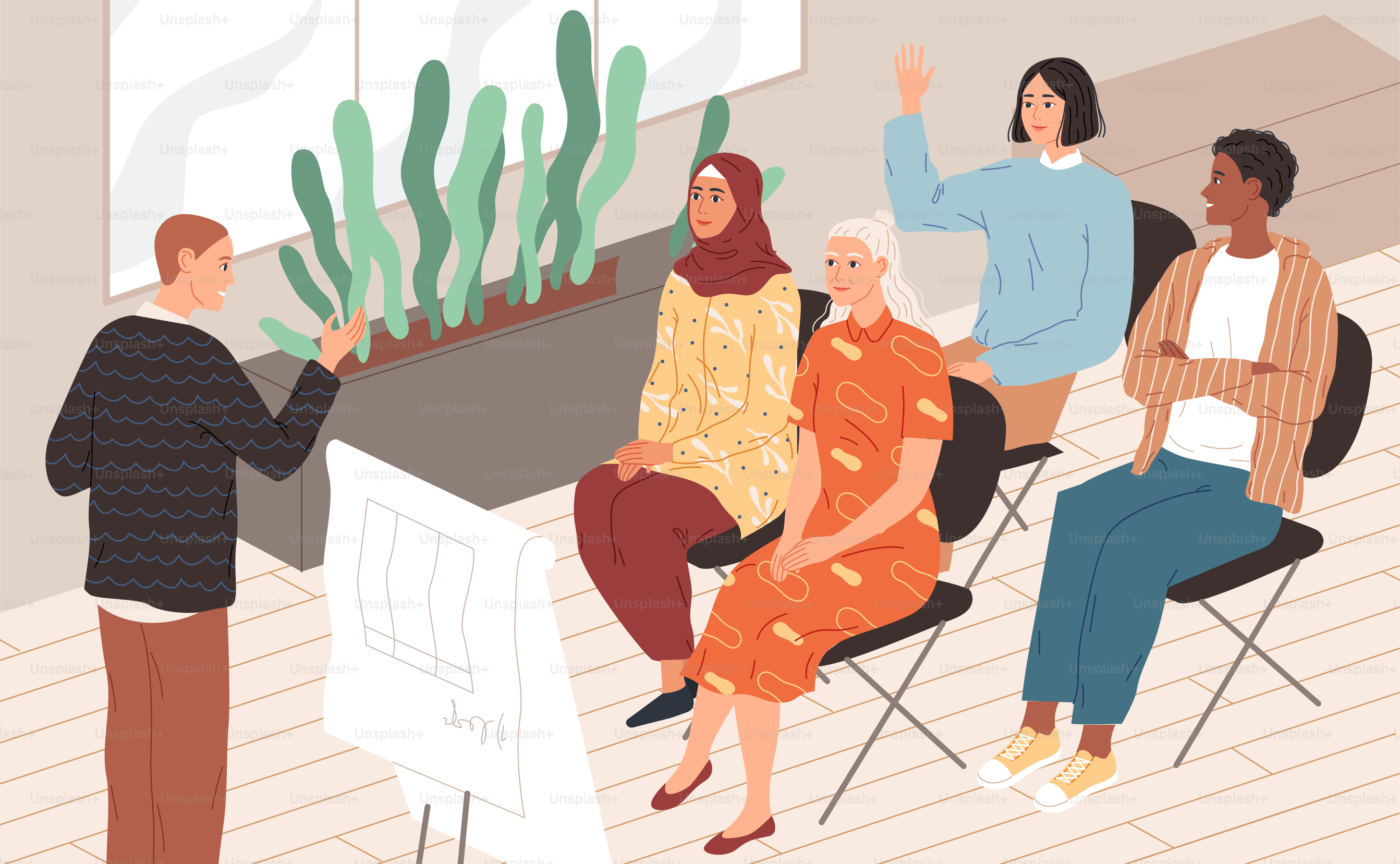 Profesor delante de un grupo diverso de estudiantes.