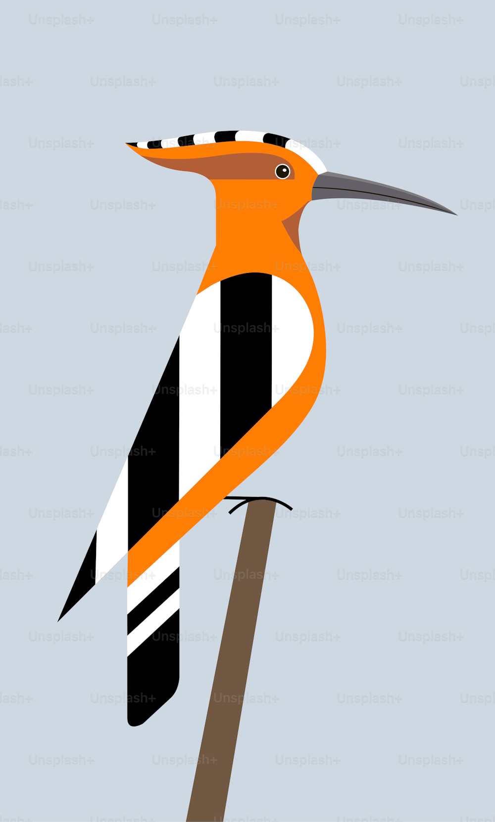 Hoopoe sits on the end of a branch on a light background, minimalist image