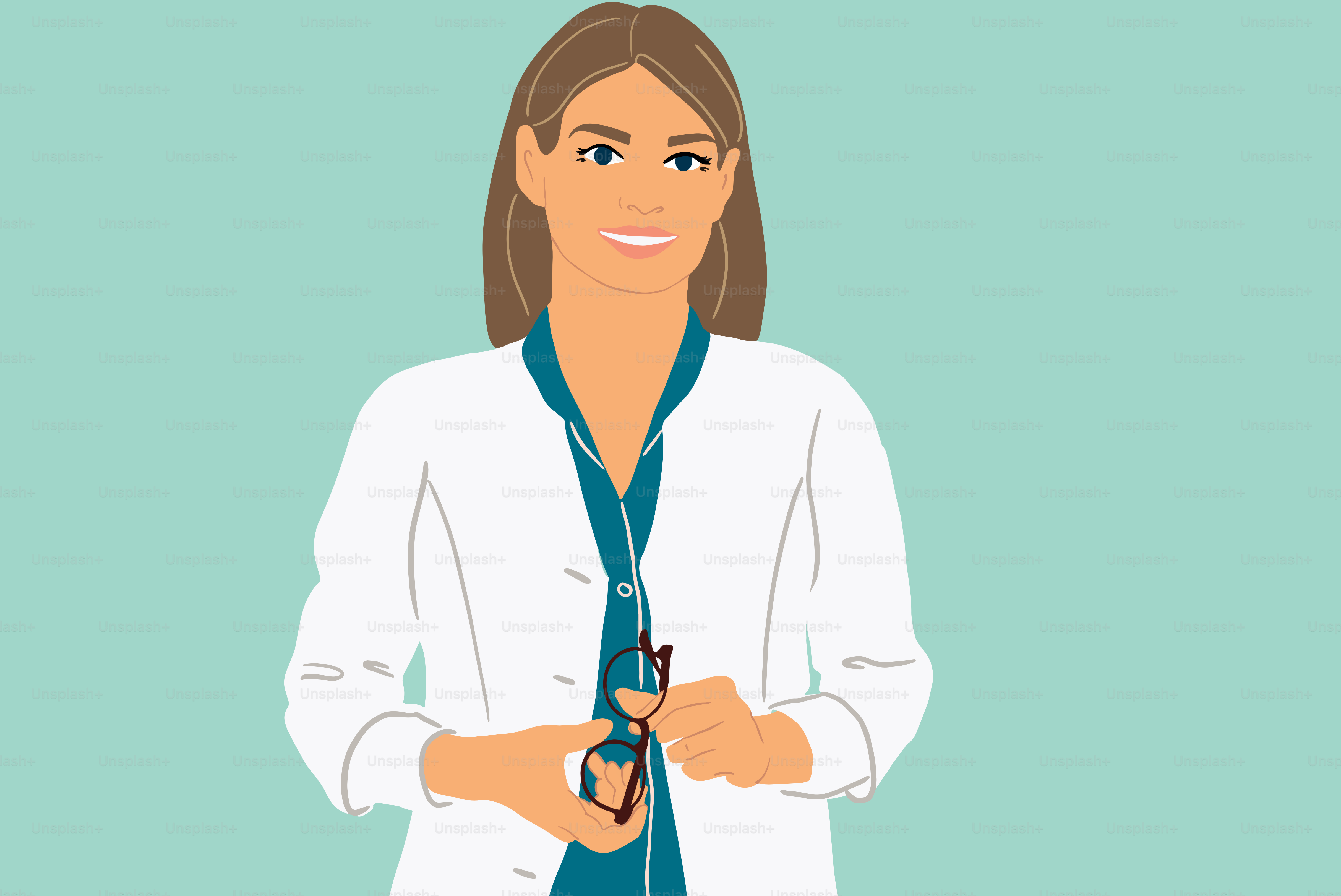 Retrato de uma médica confiante de bata médica sobre fundo colorido. Ilustração vetorial colorida no estilo plano de desenho animado