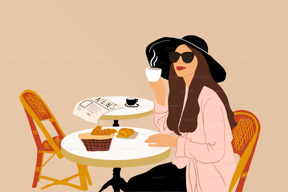 Illustrazione vettoriale di una donna elegante che si gode un caffè sulla terrazza del caffè. Concetto di stile francese e stile di vita a Parigi