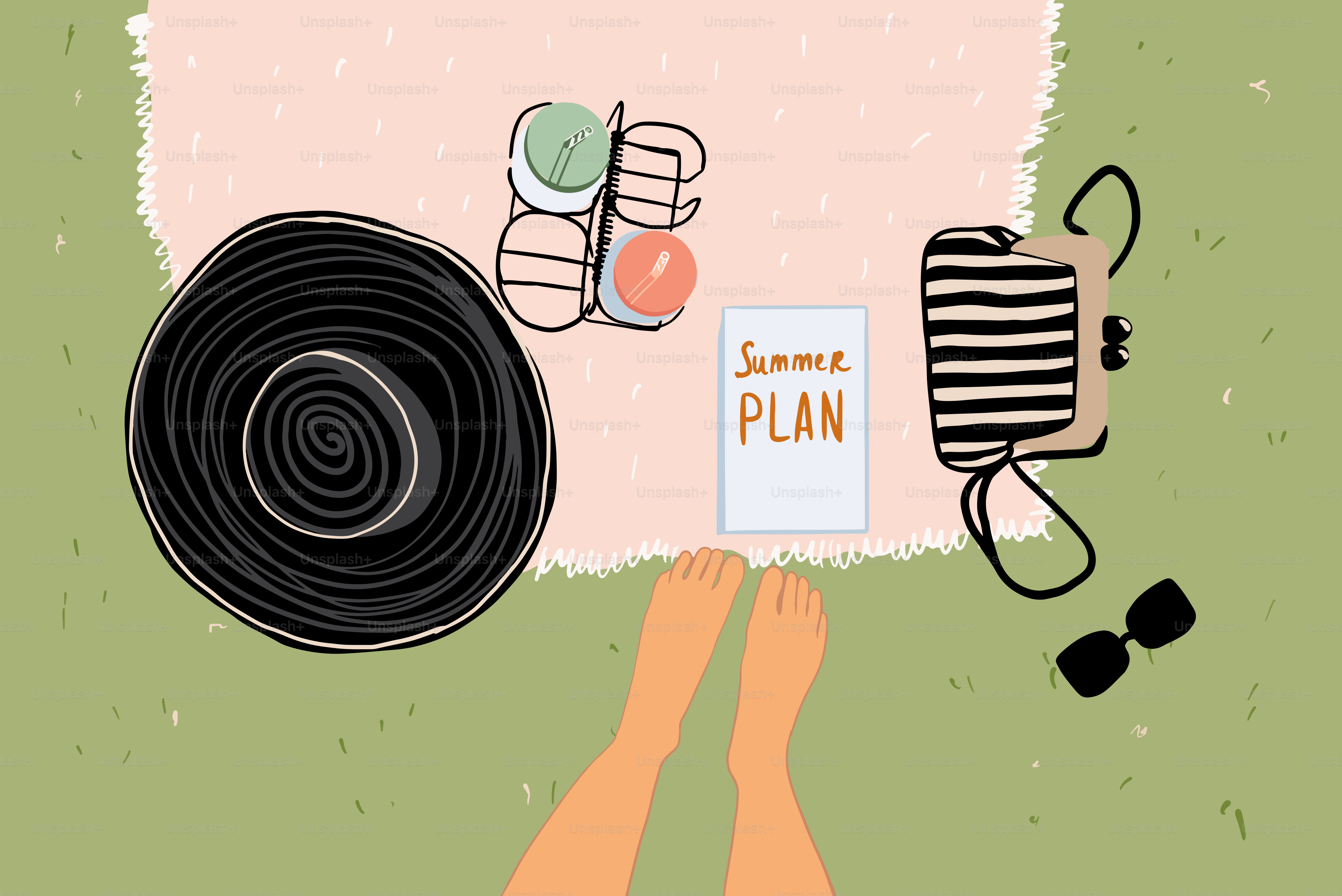 Pies femeninos sobre una manta con accesorios para las vacaciones de verano. Concepto de unas vacaciones de verano. Ilustración vectorial en estilo de dibujo animado plano