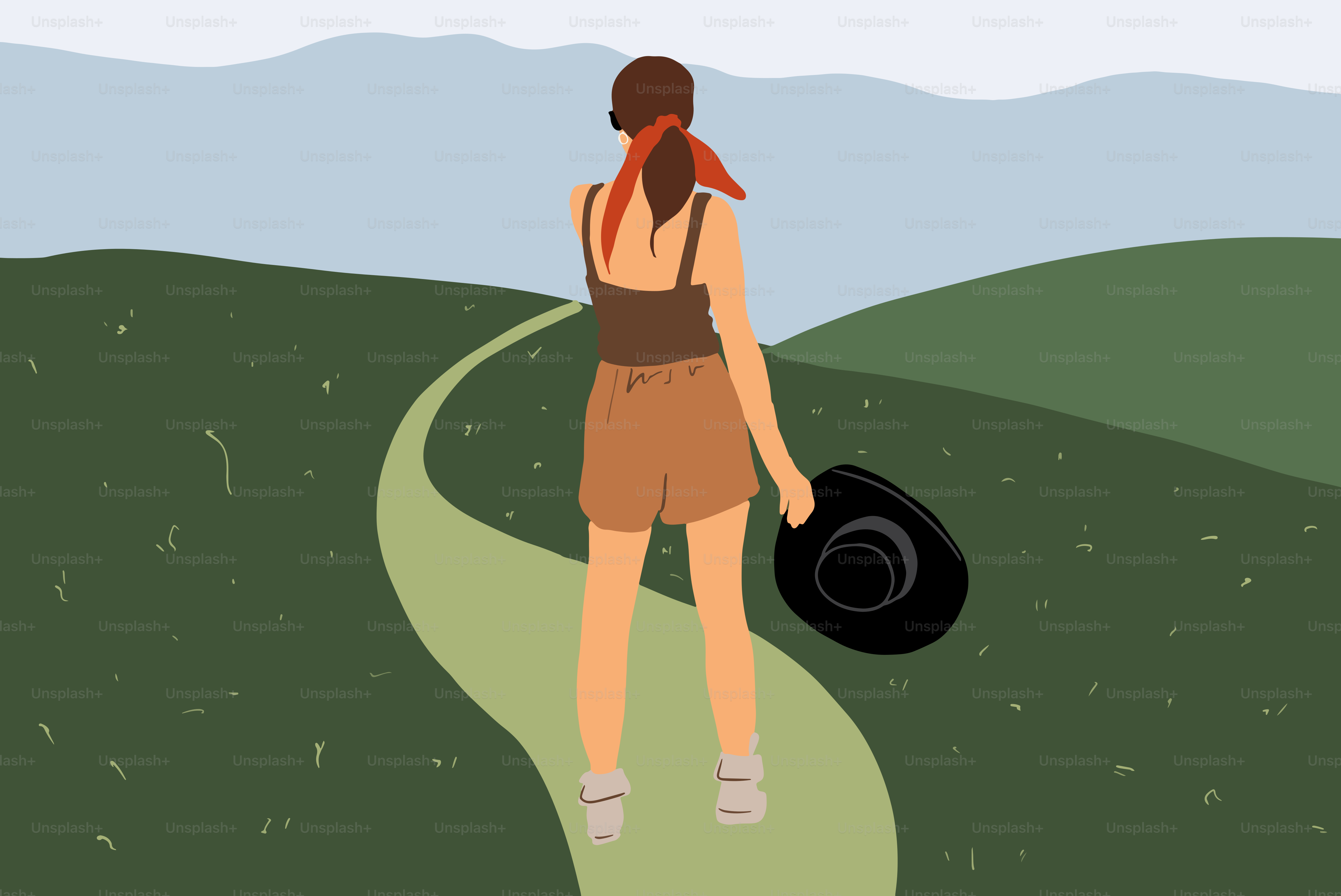Femme debout sur un sentier sur la prairie verte tout en voyageant sur la nature. Illustration vectorielle dans un style de dessin animé plat
