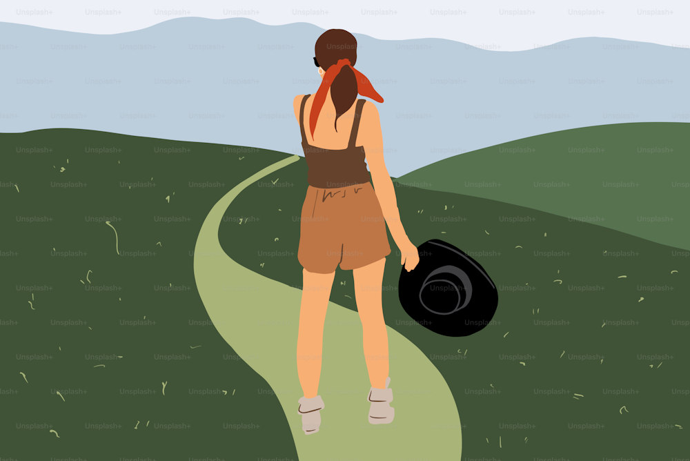 Woman standing on a footpath on the green meadow while traveling on nature. Vector illustration in flat cartoon style