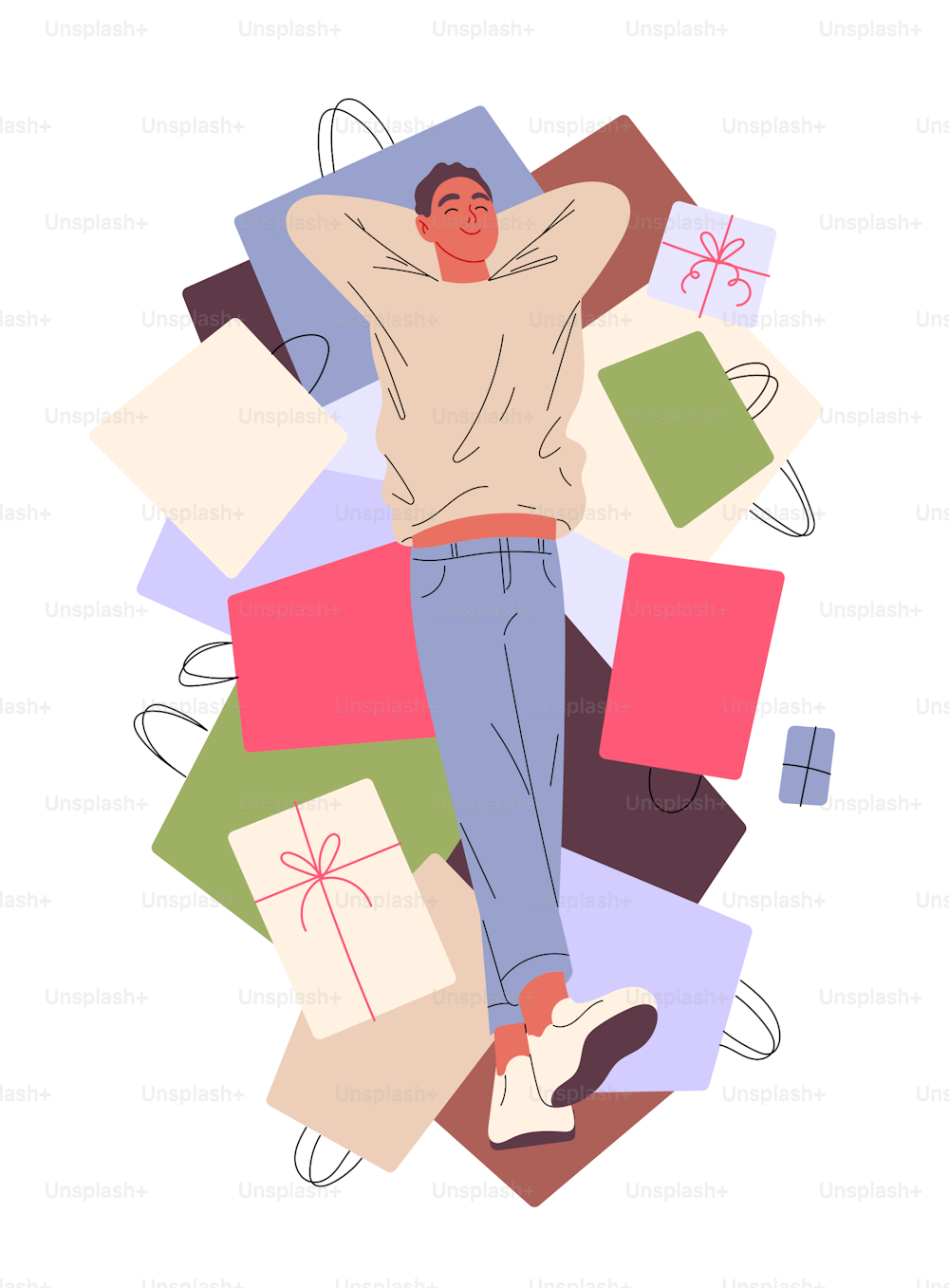 Man lies contentedly on shopping bags.